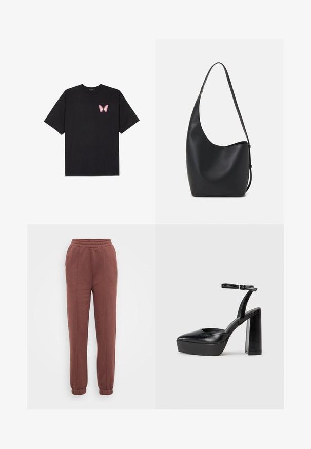 Black cotton t-shirt with short sleeves, featuring a small pink butterfly graphic on the left chest. Crew neck design with a relaxed fit.; Brown jogger pants with an elastic waistband, ribbed cuffs, smooth texture, and front seam detailing. Suitable for casual wear.; Black platform heels with a pointed toe and adjustable ankle strap. Constructed from smooth leather, featuring a chunky block heel.; Black leather hobo bag with a smooth texture, curved shape, and single adjustable strap; features a wide opening at the top.