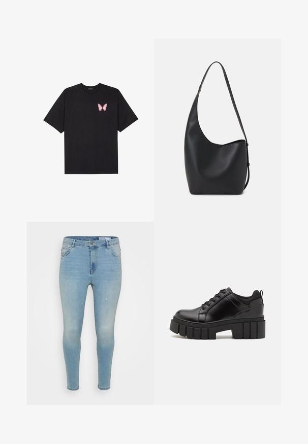 Svart bomullströja med korta ärmar, med en liten rosa fjärilsgrafik på vänster bröst. Rundad halsdesign med en avslappnad passform.; Ljust blå denimjeans med smal passform, midjehöjd, klassisk femfickdesign och subtila slitna detaljer på framsidan.; Svarta läderplattformsskor med en kraftig blockklack, rund tå och traditionell snörningsdesign. Har en slät textur och minimal detaljering.; Svart läder hobo-väska med en slät textur, kurvig form och en justerbar axelrem; har en bred öppning upptill.