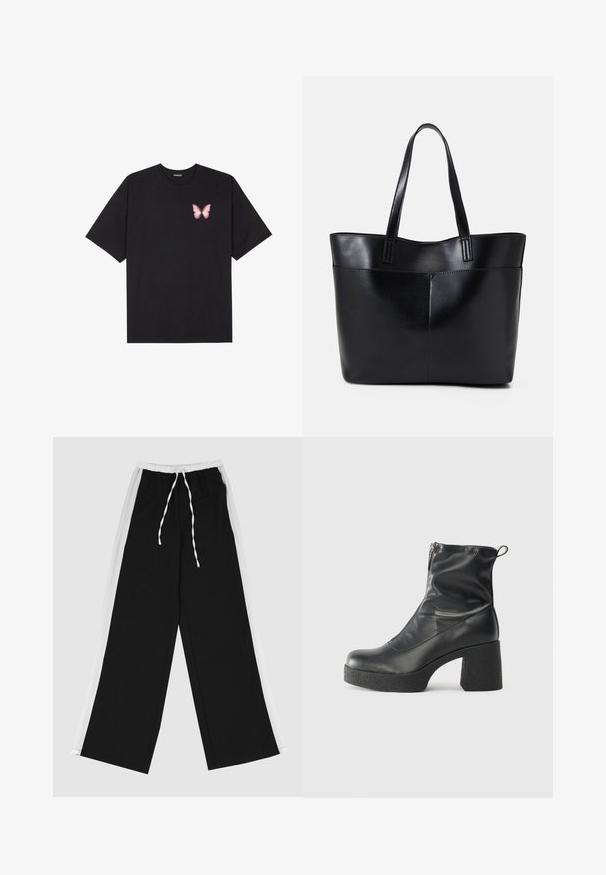Black cotton t-shirt with short sleeves, featuring a small pink butterfly graphic on the left chest. Crew neck design with a relaxed fit.; Black wide-leg pants with a white side stripe, elastic waistband, and drawstring. Made from soft, smooth fabric for comfort.; Black ankle boots made of smooth leather, featuring a side zipper, chunky textured heel, and rounded toe design.; Black leather tote bag with two long handles, a smooth texture, and a structured shape. Features a front pocket for additional storage.