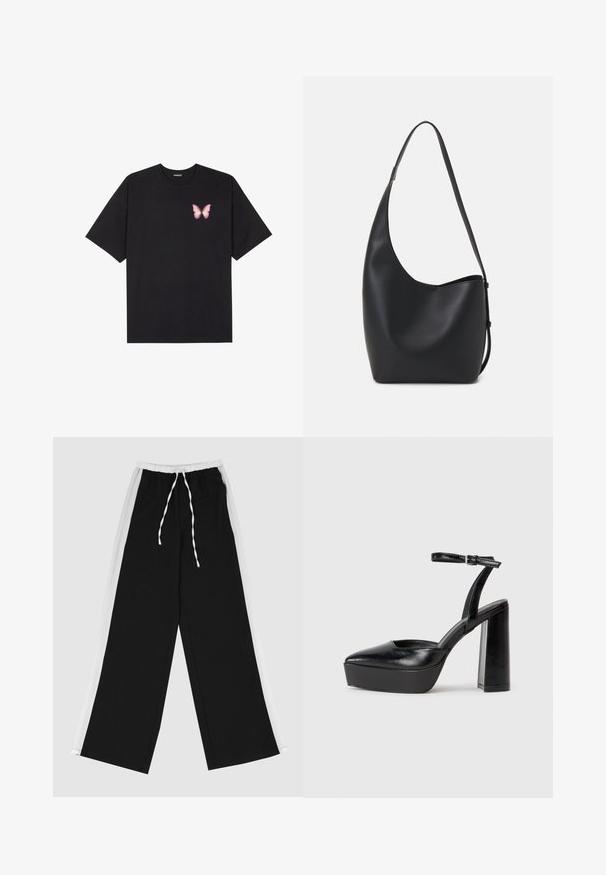 Fekete pamut póló rövid ujjakkal, bal mellkason egy kis rózsaszín pillangó grafikával. Kerek nyakú kialakítás, laza fazonnal.; Fekete, széles szárú nadrág fehér oldalsávval, gumis derékkal és zsinórral. Puha, sima anyagból készült a kényelem érdekében.; Fekete platform magassarkú cipők hegyes orral és állítható bokapánttal. Sima bőrből készült, vastag talppal.; Fekete bőr hobo táska sima textúrával, ívelt formával és egyetlen állítható pánttal; széles nyílás található a tetején.