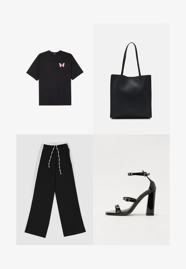 Zwarte katoenen t-shirt met korte mouwen, voorzien van een kleine roze vlinder graphic op de linkerkant van de borst. Crew neck ontwerp met een relaxte fit.; Zwarte wijde broek met een witte zijstreep, elastische tailleband en trekkoord. Gemaakt van een zachte, gladde stof voor comfort.; Zwarte gepatenteerde sandalen met hak en een vierkante neus, enkelbandjes en zilveren gespen. Heeft een stevige blokhak voor stabiliteit.; Zwarte leren handtas met een gladde textuur, rechthoekige vorm en twee lange handvaten. Geen zichtbare hardware of versieringen.