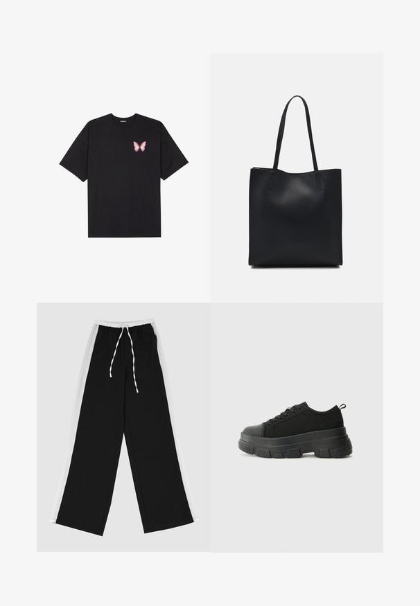 Musta puuvillapaita lyhyillä hihoilla, jossa on pieni vaaleanpunainen perhosgrafiikka vasemmassa rinnassa. Pyöreä kaula-aukko ja rento istuvuus.; Mustat leveälahkeiset housut, joissa on valkoinen sivunauha, joustava vyötärö ja kiristysnauha. Valmistettu pehmeästä ja sileästä kankaasta mukavuutta varten.; Mustat urheilukengät, joissa on paksu kumipohja, teksturoitu kangasvarsi, pyöreä kärki ja nauhalukitus. Varusteena vahvistetut nauhareiät ja takana vetotanko.; Mustapahkainen kangaskassi, jossa on sileä pinta, suorakaiteen muotoinen ja kaksi pitkää kahvaa. Ei näkyvää metalliosaa tai koristeita.