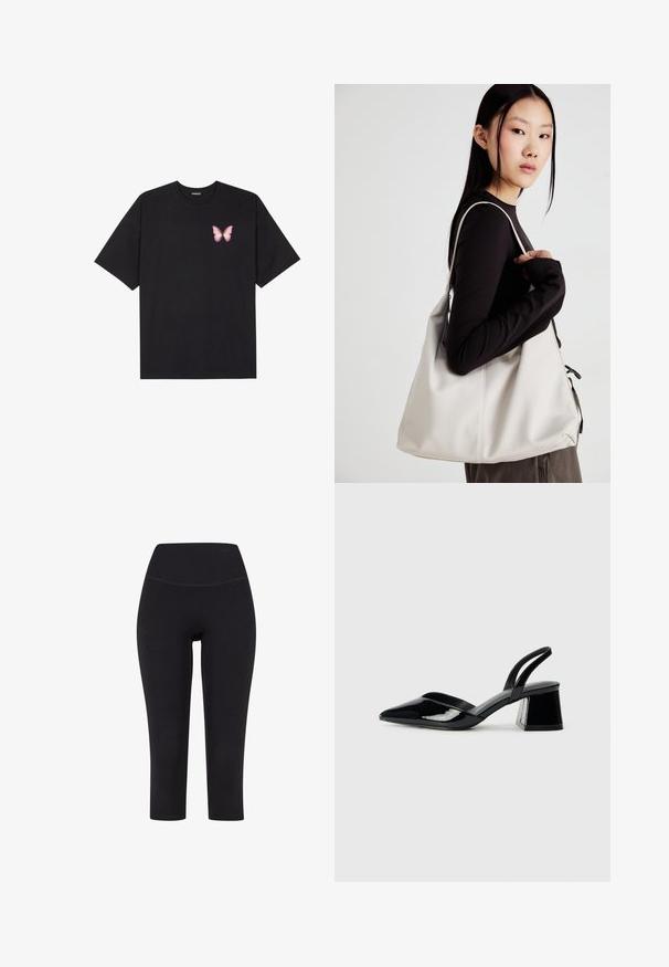 Črna bombažna majica s kratkimi rokavi, ki ima majhen roza metuljček na levi strani prsnega dela. Majica s krožnim ovratnikom in sproščenim krojem.; Črne legice do tri četrtine, izdelane iz elastičnega materiala, z visokim pasom in brez vidnih vzorcev ali dodatkov.; Črne lakirane slingback pete s koničastim nosom in geometrijsko blokasto peto. Imajo eleganten, minimalističen dizajn in gladko teksturo.; Bežna torbica iz mehkega materiala, z ohlapno zasnovo, šivi in dvema naramnicama. Primerna za vsakodnevno uporabo.