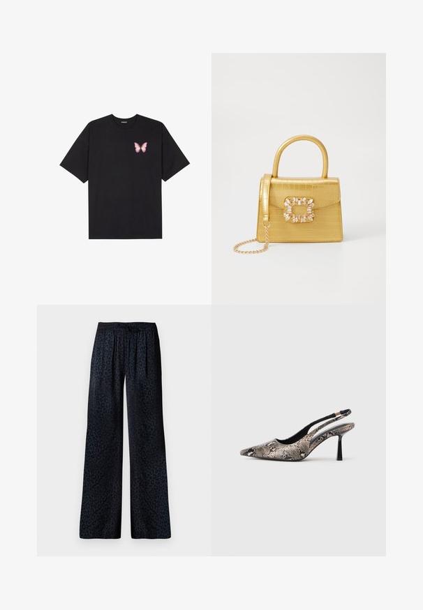 Črna bombažna majica s kratkimi rokavi, ki ima majhen roza metuljček na levi strani prsnega dela. Majica s krožnim ovratnikom in sproščenim krojem.; Široke hlače iz temnega blaga z diskretno črno leopardjo obleko, z elastičnim pasom in udobnim padajočim slogom.; Cipele s izrezanim leđima i uskim potplatom, s karakterističnim oblikom na vrhu i teksturiranim uzorkom zmijske kože, imaju tanke crne potpetice i otvoreni dizajn sa strane.; Rumeno usnjeno-usnje z vzorcem krokodila, s strukturiranim dizajnom, zgornjo ročajem, snemljivo verižico in dekorativnim kristalnim okrasjem na zaponki.