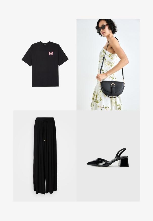 Melna kokvilnas T-krekls ar īsām piedurknēm, kuram priekšā kreisajā pusē ir neliels rozā tauriņa grafiskais attēls. Ar apaļu kaklu un brīvā stila piegriezumu.; Melni, platā kāju bikses, izgatavotas no plūstoša auduma. Iezīmējas ar sašaurināmu jostu un divām zelta akcentiem. Tekstūrēts dizains ar krokām.; Melna lakota āda ar atvērto papēdi, ar smailu purngalu un ģeometrisku blokpapēdi. Iezīmējas elegants, minimāls dizains un gluda tekstūra.; Melnas ādas rokassoma ar izliekta formu, noņemamu siksnu un zelta aksesuāriem. Somai ir vāciņš ar sprādzes detaļu.