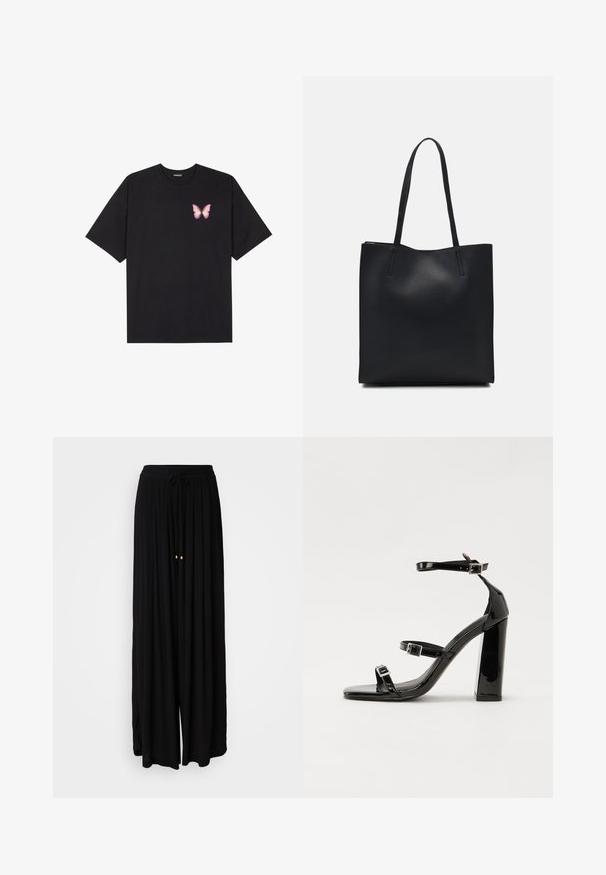 Zwarte katoenen t-shirt met korte mouwen, voorzien van een kleine roze vlinder graphic op de linkerkant van de borst. Crew neck ontwerp met een relaxte fit.; Zwarte, wijde broek gemaakt van een soepel stof. Voorzien van een trekkoord in de taille en twee gouden accenten. Textuurontwerp met plooien.; Zwarte gepatenteerde sandalen met hak en een vierkante neus, enkelbandjes en zilveren gespen. Heeft een stevige blokhak voor stabiliteit.; Zwarte leren handtas met een gladde textuur, rechthoekige vorm en twee lange handvaten. Geen zichtbare hardware of versieringen.