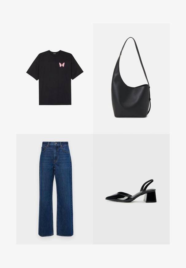 Black cotton t-shirt with short sleeves, featuring a small pink butterfly graphic on the left chest. Crew neck design with a relaxed fit.; Dark blue wide-leg jeans made of denim, featuring a high waist, five-pocket design, and visible stitching along seams.; Black patent leather slingback heels with a pointed toe and a geometric block heel. Features a sleek, minimal design and smooth texture.; Black leather hobo bag with a smooth texture, curved shape, and single adjustable strap; features a wide opening at the top.