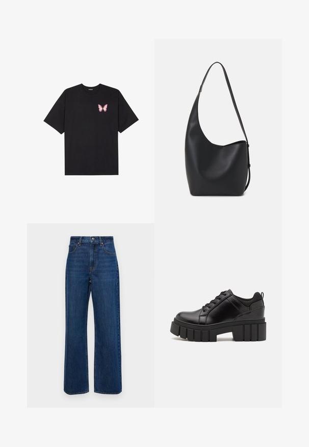 Černé bavlněné tričko s krátkým rukávem, na levém prsou s malou grafikou růžové motýlky. Design s kruhovým výstřihem a volným střihem.; Tmavě modré široké džíny vyrobené z denimové látky, s vysokým pasem, designem se pěti kapsami a viditelným prošíváním podél švů.; Černé kožené platformové boty s masivním blokovým podpatkem, kulatou špičkou a tradičním šněrováním. Mají hladký povrch a minimální detaily.; Černá kožená hobo taška s hladkým povrchem, zakřiveným tvarem a jedním nastavitelným popruhem; má široké otevírání nahoře.