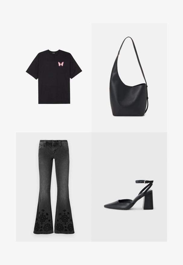 T-shirt de algodão preto com mangas curtas, apresentando um pequeno gráfico de borboleta rosa no lado esquerdo do peito. Design de gola redonda com um corte solto.; Jeans pretos com pata de elefante e cintura alta, com bordados florais ao longo das pernas inferiores, apresentando bolsos frontais e traseiros e passadores de cinto.; Sandal com biqueira afilada em couro preto, com cinta no tornozelo e salto grosso. Textura lisa, design elegante e estética minimalista.; Saco hobo preto em pele com uma textura lisa, forma curva e uma única alça ajustável; apresenta uma abertura larga na parte de cima.