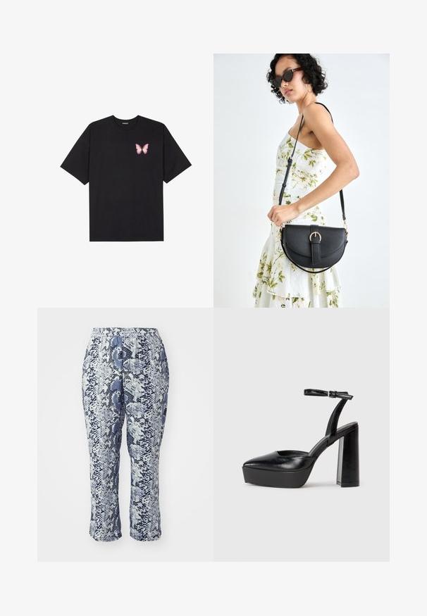 Musta puuvillapaita lyhyillä hihoilla, jossa on pieni vaaleanpunainen perhosgrafiikka vasemmassa rinnassa. Pyöreä kaula-aukko ja rento istuvuus.; Siniset ja valkoiset käärmeennahkakuosiset housut, joissa on joustava vyötärö, napakka malli ja polven puoliväliin saakka ulottuva pituus. Kangas näyttää sileältä ja siinä on hienoinen kiilto.; Mustat korkeat platform-kengät, joissa on terävä kärki ja säädettävä nilkkaremmi. Valmistettu sileästä nahasta ja varustettu paksulla lohkokorkeudella.; Musta nahkainen käsilaukku, joka on kaareva muotoilultaan, irrotettavalla hihnalla ja kultaisilla yksityiskohdilla. Laukussa on läppä, jossa on solk yksityiskohta.