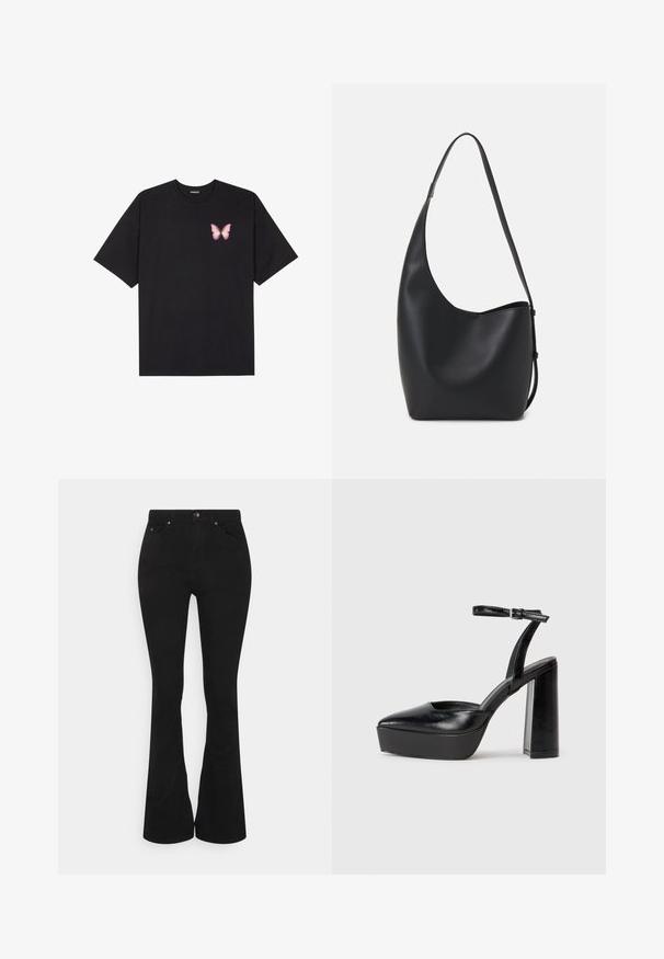 Črna bombažna majica s kratkimi rokavi, ki ima majhen roza metuljček na levi strani prsnega dela. Majica s krožnim ovratnikom in sproščenim krojem.; Črne razširjene kavbojke z visokim pasom, izdelane iz mehke bombažne mešanice. Imajo sprednje žepke, kovinsko zapiranje z gumbom in diskretne šive.; Črne platforme z visokimi petami in koničastim nosom ter nastavljivim gležnjenjskim trakom. Narejene iz gladke usnje, s kockasto peto.; Črna usnjena hobo torba z gladko teksturo, ukrivljeno obliko in eno nastavljivo naramnico; ima širok odprtina na vrhu.