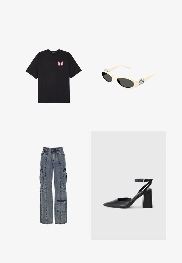 Fekete pamut póló rövid ujjakkal, bal mellkason egy kis rózsaszín pillangó grafikával. Kerek nyakú kialakítás, laza fazonnal.; Világoskék farmer cargo nadrág. Széles lábakkal, több oldalsó zsebbel és kontrasztos sötét farmer betétekkel rendelkezik. Visszajelző varrásokkal van kialakítva.; Fekete bőr, hegyes orrú magassarkú cipő boka pánttal és vastag sarokkal. Sima textúra, elegáns dizájn és minimális esztétika.; Krém színű napszemüveg ovális lencsékkel, fekete árnyalattal és fémszínezésű logóval a templomoknál. Sima textúra, macskaszem forma.; Fekete bőrtáska ívelt formával, levehető pánttal és arany színű fémrészekkel. A táskán egy csattal díszített fedél található.