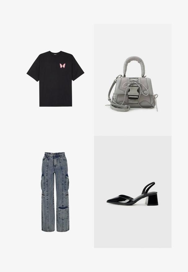 Črna bombažna majica s kratkimi rokavi, ki ima majhen roza metuljček na levi strani prsnega dela. Majica s krožnim ovratnikom in sproščenim krojem.; Denim cargo hlače v svetlo modri barvi. Imajo široke hlačnice, več stranskih žepov in kontrastne temne denimske poudarke. Struktura je vidna s šivi.; Črne lakirane slingback pete s koničastim nosom in geometrijsko blokasto peto. Imajo eleganten, minimalističen dizajn in gladko teksturo.; Siva torbica z teksturo z oblazinjenim ročajem, mrežastimi detajli, nastavljivim trakom in sprednjim zapiranjem. Kompaktna zasnova z zaobljeno obliko.
