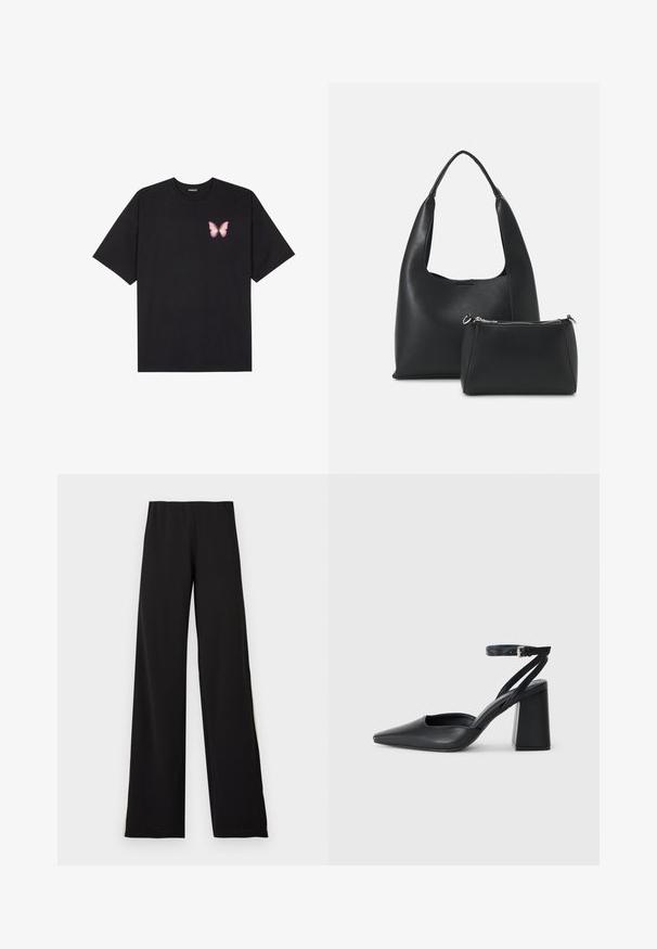 Crna pamučna majica s kratkim rukavima, s malim grafičkim prikazom ružičaste vjetricaste s desne strane na prsima. Dizajn s okruglim izrezom i opuštenim krojem.; Crne hlače širokih nogavica napravljene od mekog materijala, s elastičnom gumom u struku i glatkom teksturom koja stvara čistu siluetu.; Crne kožne cipele s špicastim vrhom, remenom oko gležnja i debelim potplatom. Ravna tekstura, elegantan dizajn i minimalistička estetika.; Even&Odd SET - Ručna torba - black