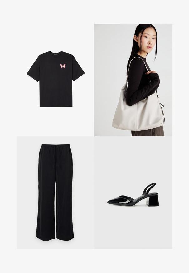Črna bombažna majica s kratkimi rokavi, ki ima majhen roza metuljček na levi strani prsnega dela. Majica s krožnim ovratnikom in sproščenim krojem.; Črne široke hlače z vrvico v pasu in stranskimi žepi. Narejene so iz lahkega materiala z gladko teksturo. Brez vidnih vzorcev.; Črne lakirane slingback pete s koničastim nosom in geometrijsko blokasto peto. Imajo eleganten, minimalističen dizajn in gladko teksturo.; Bežna torbica iz mehkega materiala, z ohlapno zasnovo, šivi in dvema naramnicama. Primerna za vsakodnevno uporabo.