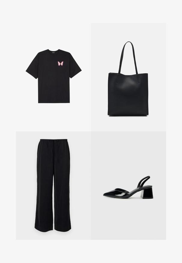 Black cotton t-shirt with short sleeves, featuring a small pink butterfly graphic on the left chest. Crew neck design with a relaxed fit.; Black wide-leg pants with a drawstring waist and side pockets. Made from lightweight fabric with a smooth texture. No visible patterns.; Black patent leather slingback heels with a pointed toe and a geometric block heel. Features a sleek, minimal design and smooth texture.; Black leather tote bag with smooth texture, rectangular shape, and two long handles. No visible hardware or embellishments.