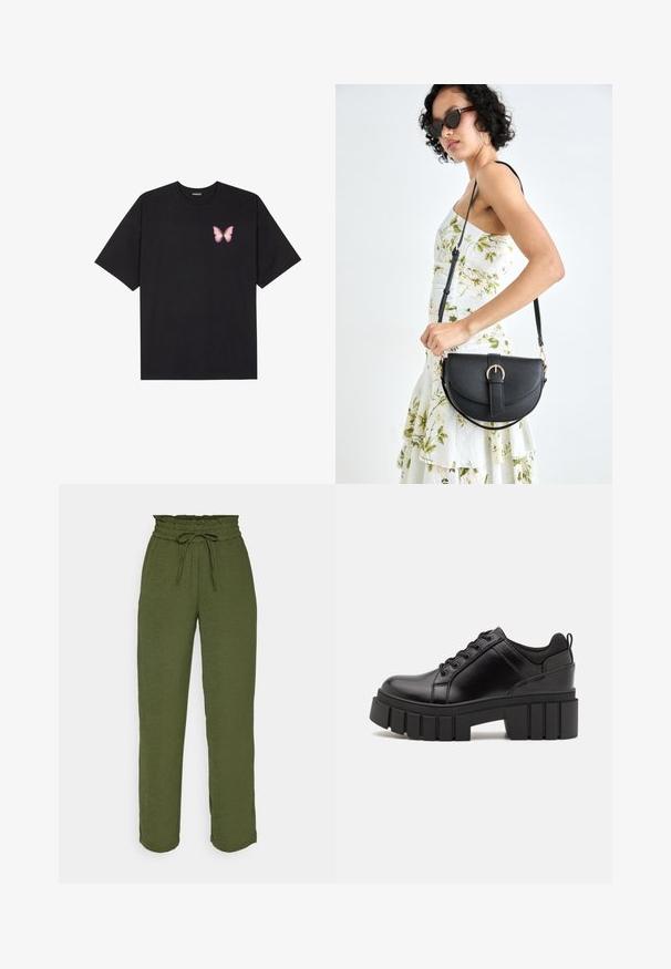 Fekete pamut póló rövid ujjakkal, bal mellkason egy kis rózsaszín pillangó grafikával. Kerek nyakú kialakítás, laza fazonnal.; VILA VITIFF STRAIGHT PANT - Nadrágok - kalamata; Fekete bőr platform cipők vaskos blokk sarkakkal, kerek orral és hagyományos fűzős kialakítással. Simára csiszolt felület és minimális részletezés jellemzi.; Fekete bőrtáska ívelt formával, levehető pánttal és arany színű fémrészekkel. A táskán egy csattal díszített fedél található.