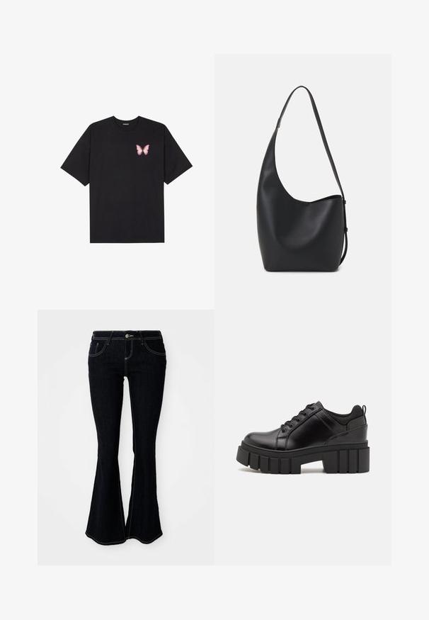Črna bombažna majica s kratkimi rokavi, ki ima majhen roza metuljček na levi strani prsnega dela. Majica s krožnim ovratnikom in sproščenim krojem.; Ženske flare temne jeans hlače z visokim pasom, sprednjimi in zadnjimi žepi ter kontrastnim rumenim šivom na šivih.; Črne usnjene platforme z debelim blokastim petam, okroglo konico in klasičnim vezanjem. Imajo gladko teksturo in minimalne podrobnosti.; Črna usnjena hobo torba z gladko teksturo, ukrivljeno obliko in eno nastavljivo naramnico; ima širok odprtina na vrhu.