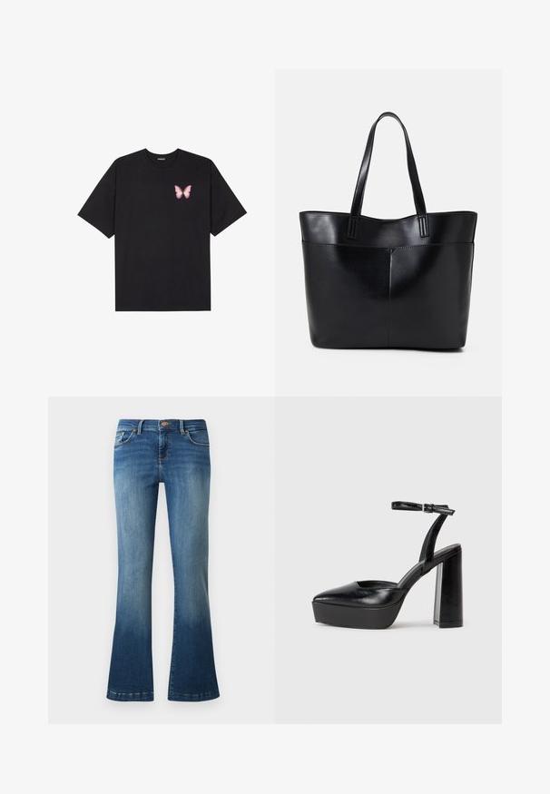 T-shirt en coton noir à manches courtes, avec un petit graphique de papillon rose sur la poitrine gauche. Modèle à col rond avec une coupe décontractée.; Jean en denim évasé avec un dégradé de bleu, présentant des coutures orange, cinq poches et une fermeture à bouton à la taille.; Escarpins noirs à plateforme avec un bout pointu et une sangle réglable à la cheville. Conçus en cuir lisse, avec un large talon bloc.; Sac fourre-tout en cuir noir avec deux longues poignées, une texture lisse et une forme structurée. Dispose d'une poche avant pour un rangement supplémentaire.