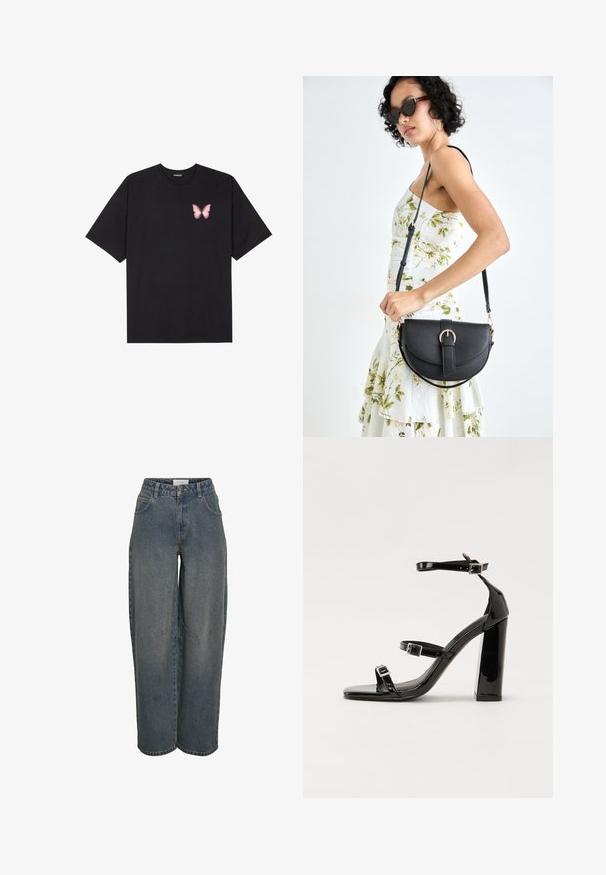 Černé bavlněné tričko s krátkým rukávem, na levém prsou s malou grafikou růžové motýlky. Design s kruhovým výstřihem a volným střihem.; Široké denimové džíny v tmavě modré barvě, vyrobené z texturované bavlny. Mají přední kapsy a zapínání na zip s knoflíkovým uzávěrem.; Černé lakované sandály na vysokém podpatku se dvěma pásky se sponami, čtvercovou špičkou a robustním blokovým podpatkem, s hladkou, lesklou texturou.; Černá kožená kabelka s křivkovým tvarem, odnímatelným popruhem a zlatými detaily. Kabelka má klopu s přezkou.