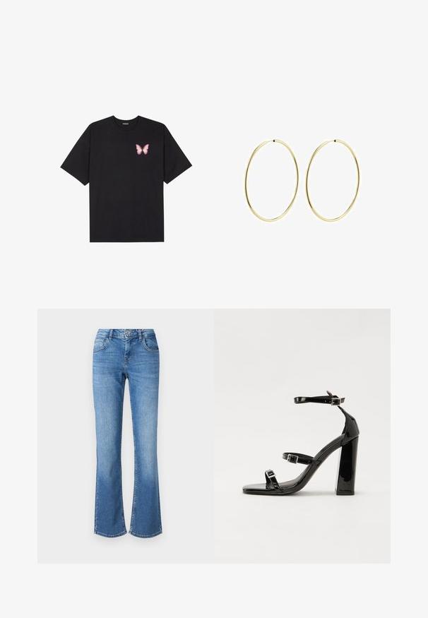 Črna bombažna majica s kratkimi rokavi, ki ima majhen roza metuljček na levi strani prsnega dela. Majica s krožnim ovratnikom in sproščenim krojem.; Svetlo modri razširjeni kavbojki z visokim pasom, petimi žepi in subtilnim zbledelostjo. Narejeni iz denima z razkrinkano šivanjem in gumbom za zapiranje.; Črne lakirane sandale s peto, kvadratnim prstom, trakovi okrog gležnja in srebrnimi zaponkami. Opremljene so s stabilno Debelo peto.; Zlate obroče za ušesa z gladkim, zaobljenim dizajnom. Tanki in lahki, z neprekinjenim krogom brez okrasnih elementov.