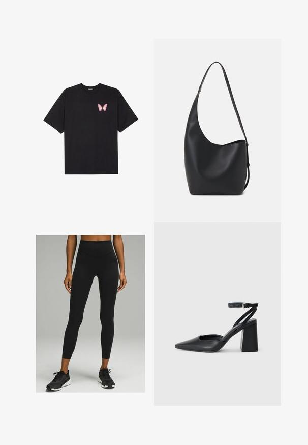 Črna bombažna majica s kratkimi rokavi, ki ima majhen roza metuljček na levi strani prsnega dela. Majica s krožnim ovratnikom in sproščenim krojem.; Črne legice z visokim pasom in gladko teksturo, prilegajočega kroja, v kombinaciji s črnimi športnimi čevlji z belim podplatom.; Črne usnjene klasične čevlje z ostrim nosom, z zaponko za gleženj in debelim peto. Ravna tekstura, eleganten dizajn in minimalistična estetika.; Črna usnjena hobo torba z gladko teksturo, ukrivljeno obliko in eno nastavljivo naramnico; ima širok odprtina na vrhu.