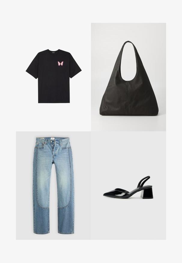 Schwarzes Baumwoll-T-Shirt mit kurzen Ärmeln, das ein kleines pinkes Schmetterlingsmotiv auf der linken Brust zeigt. Crewneck-Design mit einem entspannten Schnitt.; Helle blaue Denim-Jeans mit einem geraden, lockeren Schnitt, die kontrastierende Paneeldetails und ein Fünf-Taschen-Design aufweisen. Knopfverschluss.; Schwarze Lackleder-Slingback-High Heels mit spitzem Schuh und einem geometrischen Blockabsatz. Verfügt über ein schlankes, minimalistisches Design und eine glatte Textur.; Schwarze Ledertasche mit einem geschwungenen Griff, elongated dreieckiger Form und glatter Textur. Besitzt ein minimalistisches Design ohne sichtbare Beschläge.