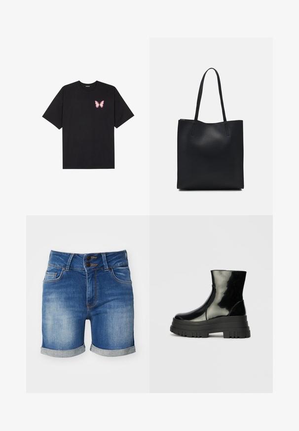 Juodas medvilnės marškinėliai trumpomis rankovėmis, su maža rožine drugelio grafika kairėje krūtinės pusėje. Apvalus kaklo iškirpimas, laisvas kirpimas.; Džinsiniai šortai su šviesiai tamsiai mėlyna gradientine spalva, turintys dvigubą sagčių uždarymą, suktus kraštus ir priekinės kišenes su kontrastinga siūle.; Juodas blizgus kulkšninis botas su storu iškilniu padu ir apvaliu pirštu, šoninis vaizdas ant vientiso šviesiai pilko fono.; Juodas odinis tote krepšys su lygia tekstūra, stačiakampio formos ir dviem ilgais rankenomis. Matomų metalinių detalių ar puošybos nėra.