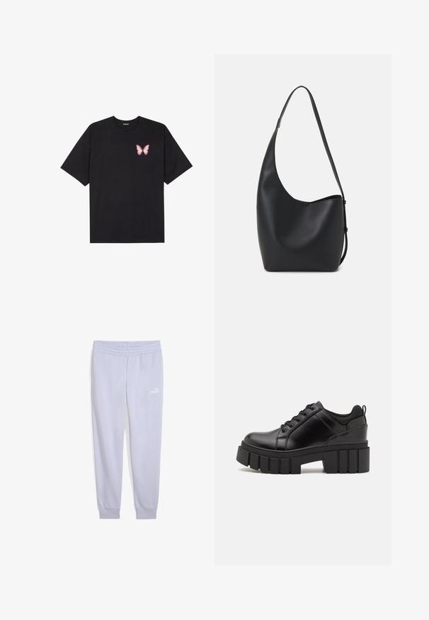 Black cotton t-shirt with short sleeves, featuring a small pink butterfly graphic on the left chest. Crew neck design with a relaxed fit.; Light purple sweatpants made of soft fabric, featuring an elastic waistband and ribbed cuffs, with a white Puma logo on the front.; Black leather platform shoes with a chunky block heel, round toe, and traditional lace-up design. Features smooth texture and minimal detailing.; Black leather hobo bag with a smooth texture, curved shape, and single adjustable strap; features a wide opening at the top.