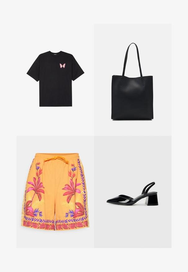 T-shirt de algodão preto com mangas curtas, apresentando um pequeno gráfico de borboleta rosa no lado esquerdo do peito. Design de gola redonda com um corte solto.; Calções de banho laranja com padrões florais em rosa, roxo e verde. Cintura elástica com cordão. Tecido leve e texturizado.; Sandy em verniz preto com salto slingback, ponta afilada e salto geométrico. Apresenta um design elegante e minimalista com textura suave.; Bolsa tote preta em couro com textura lisa, forma retangular e duas alças longas. Sem hardware ou enfeites visíveis.