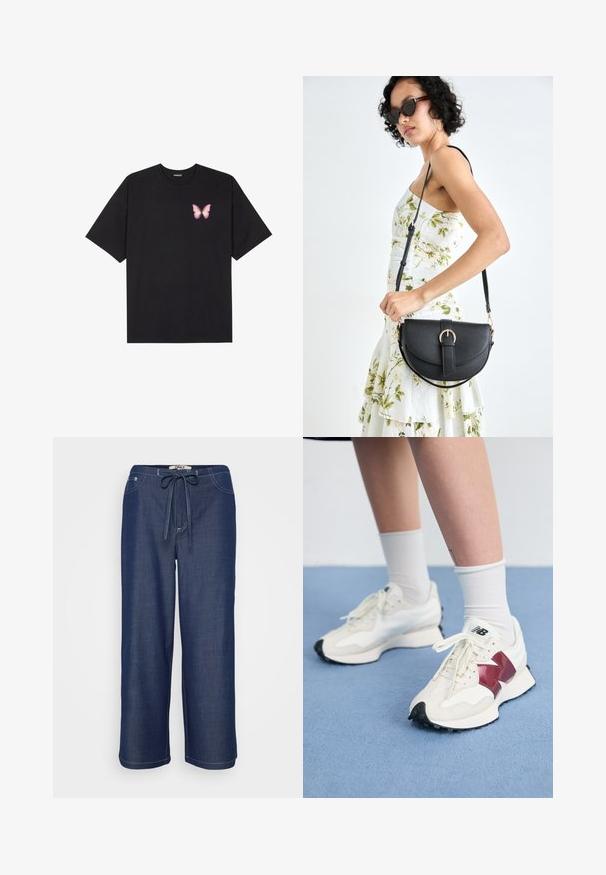 T-shirt de algodão preto com mangas curtas, apresentando um pequeno gráfico de borboleta rosa no lado esquerdo do peito. Design de gola redonda com um corte solto.; Calças largas de cor azul escuro com cintura ajustável por cordão, bolsos frontais e costura branca visível.; Par de tênis brancos com detalhes em bordô, painéis texturizados, sola preta lisa e atacadores claros, usados com meias brancas até ao tornozelo.; Bolsa de couro preta com forma curva, alça destacável e detalhes em dourado. A bolsa possui uma aba com detalhe de fivela.