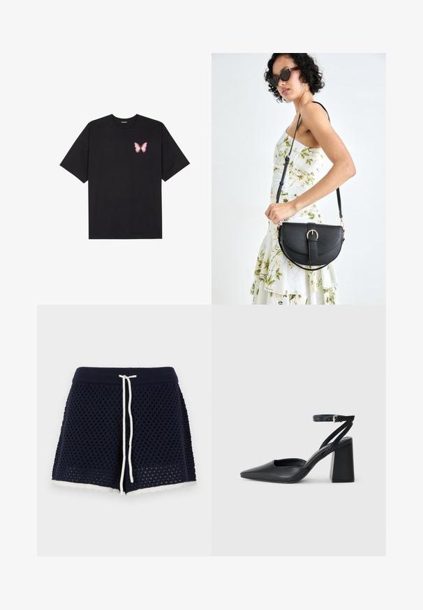 T-shirt en coton noir à manches courtes, avec un petit graphique de papillon rose sur la poitrine gauche. Modèle à col rond avec une coupe décontractée.; Shorts en maille marine avec un motif texturé, cordon de serrage réglable et ourlet blanc en forme de rampe. Matériau léger et respirant.; Escarpin noir en cuir à bout pointu avec une bride de cheville et un talon épais. Texture lisse, design élégant et esthétique minimaliste.; Sac à main en cuir noir avec une forme courbée, bandoulière amovible et des accessoires en or. Le sac est doté d'un rabat avec un détail de boucle.
