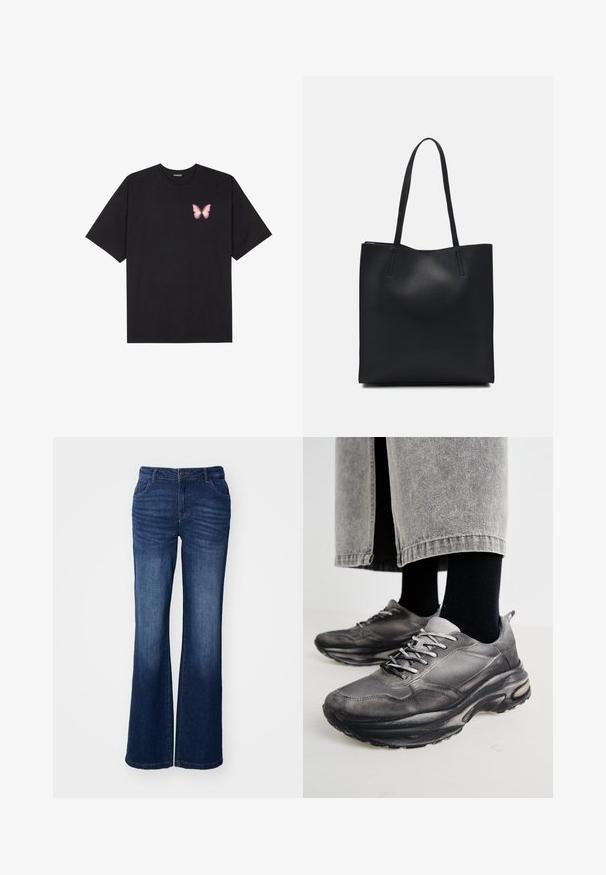 T-shirt de algodão preto com mangas curtas, apresentando um pequeno gráfico de borboleta rosa no lado esquerdo do peito. Design de gola redonda com um corte solto.; Jeans flared em denim azul com cintura média, cinco bolsos e um desbotado subtil nas coxas. Apresenta um fecho na frente com botão e zíper.; Sapatilhas atléticas pretas e cinzentas apresentam um upper em malha, solas espessas e atacadores. Têm um bico arredondado e detalhes de amortecimento visíveis.; Bolsa tote preta em couro com textura lisa, forma retangular e duas alças longas. Sem hardware ou enfeites visíveis.