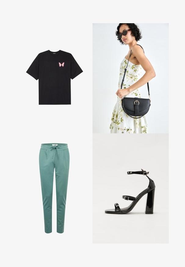 Melna kokvilnas T-krekls ar īsām piedurknēm, kuram priekšā kreisajā pusē ir neliels rozā tauriņa grafiskais attēls. Ar apaļu kaklu un brīvā stila piegriezumu.; ICHI IHKATE PA2 - Treniņtērpa apakšdaļas - blue spruce; Melnas lakotas augstpapēžu čības ar kvadrāta purngalu, potīšu siksniņām un sudraba sprādzēm. Aprīkotas ar masīvu bloku papēdi stabilitātei.; Melnas ādas rokassoma ar izliekta formu, noņemamu siksnu un zelta aksesuāriem. Somai ir vāciņš ar sprādzes detaļu.