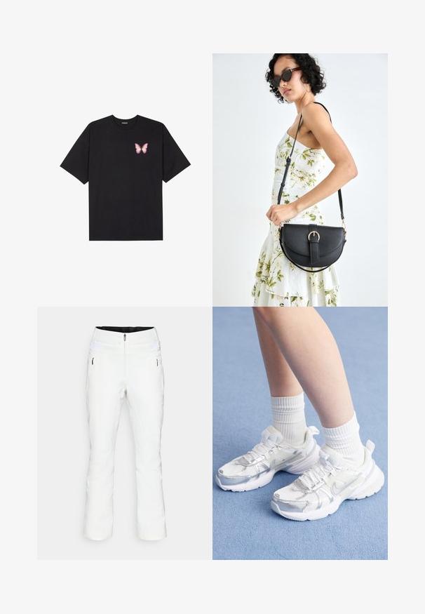 Melna kokvilnas T-krekls ar īsām piedurknēm, kuram priekšā kreisajā pusē ir neliels rozā tauriņa grafiskais attēls. Ar apaļu kaklu un brīvā stila piegriezumu.; Balti slēpošanas bikses ar piegulošu siluetu, priekšējo rāvējslēdzēju, dubulto pogu aizdari, sānu kabatām un elastīgu jostasvietu ar Velcro akcentiem. Gluda tekstūra.; Baltie sporta apavi ar sieta materiāla un sintētiskajām virsmām, ar sudraba Nike logotipu, un apvienoti ar ribotām baltām zeķēm uz zila fona.; Melnas ādas rokassoma ar izliekta formu, noņemamu siksnu un zelta aksesuāriem. Somai ir vāciņš ar sprādzes detaļu.