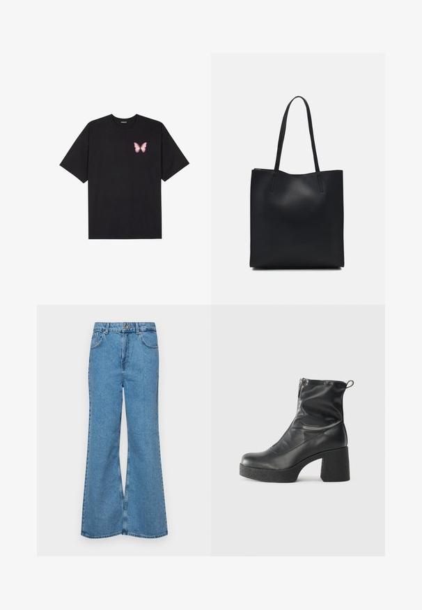 Tricou negru din bumbac cu mâneci scurte, având pe partea stângă a pieptului un mic grafic cu un fluture roz. Design cu guler rotund și croială lejeră.; Jeanși evazați de culoare albastru deschis, din denim, cu talie înaltă, cinci buzunare și închidere cu un singur buton. Textură moale cu un finisaj decolorat.; Bocanci negri de glezna din piele netedă, cu fermoar lateral, toc texturat și masiv, și design cu vârf rotund.; Geantă tote neagră din piele, cu textură netedă, formă rectangulară și două mânere lungi. Fără hardware vizibil sau ornamente.