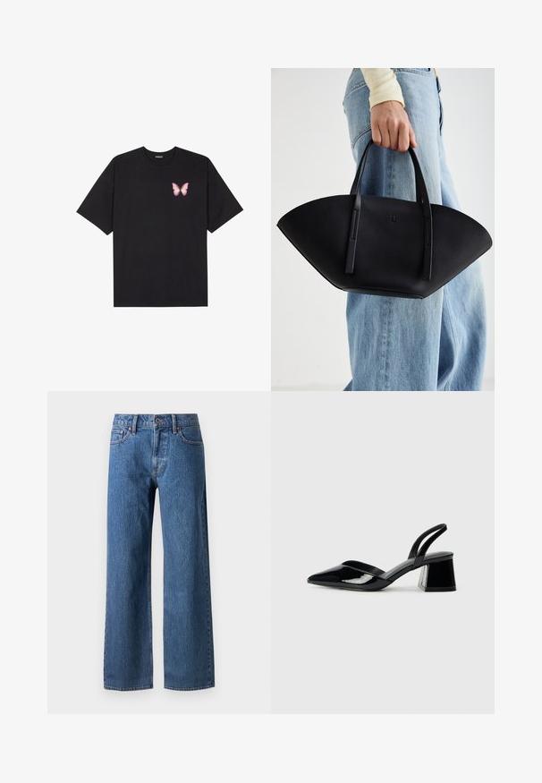 T-shirt de algodão preto com mangas curtas, apresentando um pequeno gráfico de borboleta rosa no lado esquerdo do peito. Design de gola redonda com um corte solto.; Jeans azuis de perna larga feitos de denim, apresentando um design clássico de cinco bolsos, fecho de botão e desbotamento subtil, com um corte reto na bainha.; Sandy em verniz preto com salto slingback, ponta afilada e salto geométrico. Apresenta um design elegante e minimalista com textura suave.; Bolsa de mão em couro preto com uma forma única em leque, apresentando alças planas. A superfície tem uma textura pebble e um design minimalista.