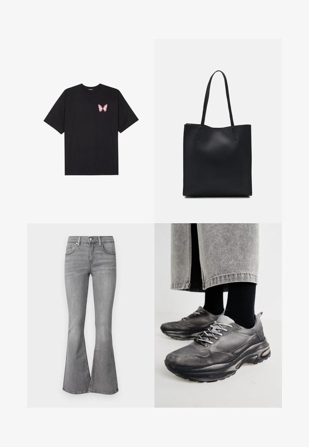 Svart bomulls T-skjorte med korte ermer, med en liten rosa sommerfugl grafikk på venstre bryst. Crew-neck design med en avslappet passform.; Gina Tricot LOW WAIST - Jeans bootcut - grey; Sorte og grå treningssko har en mesh-overdel, tykke såler og snøring. De har en rund tå og synlige dempe detaljer.; Svart lær tote bag med glatt tekstur, rektangulær form og to lange håndtak. Ingen synlige deler eller dekorasjoner.