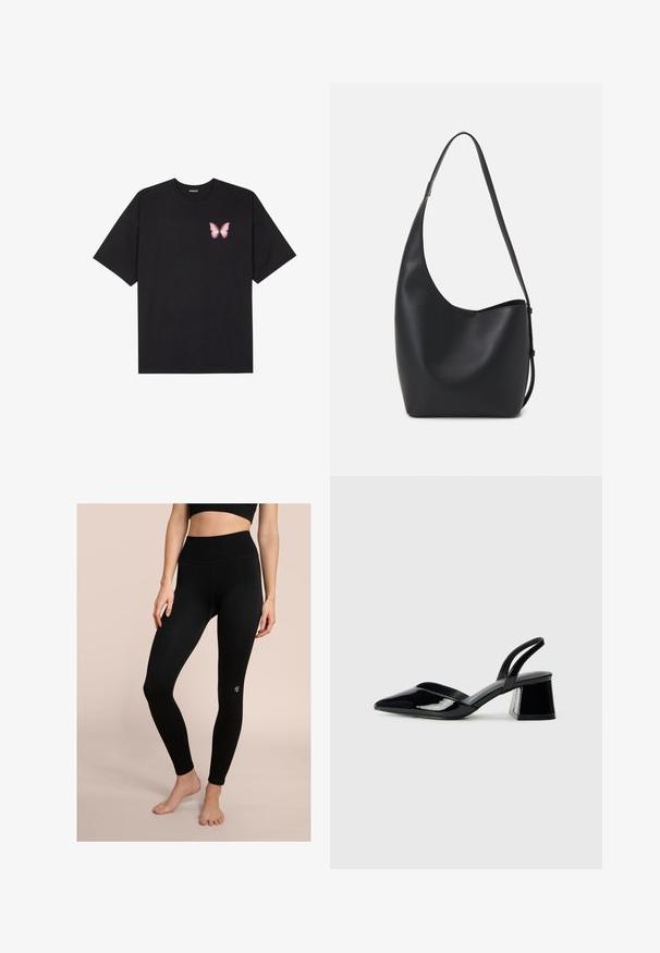 T-shirt nera in cotone con maniche corte, caratterizzata da una piccola grafica di una farfalla rosa sul lato sinistro del petto. Design a girocollo con una vestibilità rilassata.; Leggings neri con una vita a costine e una texture liscia. Presentano un piccolo logo vicino alla caviglia. Design aderente, che arriva fino alle caviglie.; Décolleté in vernice nera con punta affusolata e tacco in geometria cubica. Presentano un design elegante e minimalista, con una texture liscia.; Borsa hobo nera in pelle con una superficie liscia, forma curvata e una singola tracolla regolabile; presenta un'ampia apertura nella parte superiore.