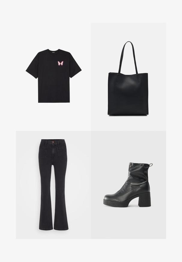 Must muströöpidega must puuvillane T-särk, vasakul rinnal on väike roosa liblikas. Ümar kaelus ja vabalt istuv lõige.; GAP 70S TAYLORSON - Alt laienevad teksad - basic black; Mustad mustad ansapüksid, mis on valmistatud siledast nahast, külje zipperiga, paksu tekstuuriga kontsaga ja ümmarguse nina disainiga.; Mustast nahast kott sujuva tekstuuriga, ristkülikukujuline ja kahe pika sangaga. Pole nähtavat riistvara ega kaunistusi.