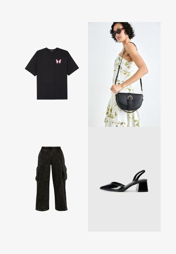 Must muströöpidega must puuvillane T-särk, vasakul rinnal on väike roosa liblikas. Ümar kaelus ja vabalt istuv lõige.; Mustad cargo püksid tekstureeritud viimistlusega, elastse vöökoht ja küljetaskud. Omavad laia jalga ja lõdva istuvust.; Mustad musta lakknahk kingad, millel on terav varvas ja geomeetriline plokkkonts. Omab elegantselt minimalistlikku disaini ja sujuvat tekstuuri.; Mustmust mustraha kõverate joontega, eemaldatava rihmaga ja kuldsete detailidega. Kotil on klapp, millel on pandladetail.