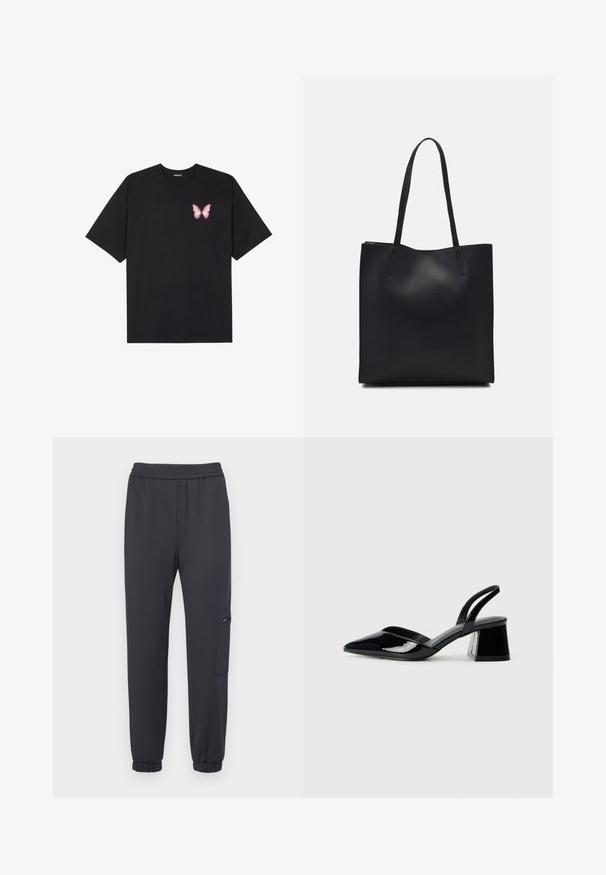 Black cotton t-shirt with short sleeves, featuring a small pink butterfly graphic on the left chest. Crew neck design with a relaxed fit.; Dark gray sweatpants with an elastic waistband, tapered legs, and a side pocket with a zip closure. Soft fabric and ribbed cuffs.; Black patent leather slingback heels with a pointed toe and a geometric block heel. Features a sleek, minimal design and smooth texture.; Black leather tote bag with smooth texture, rectangular shape, and two long handles. No visible hardware or embellishments.