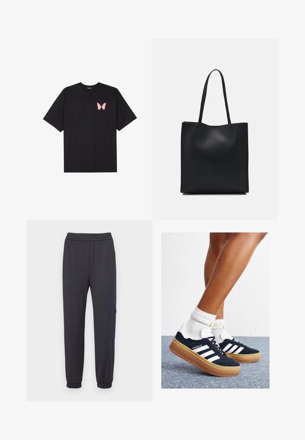 Černé bavlněné tričko s krátkým rukávem, na levém prsou s malou grafikou růžové motýlky. Design s kruhovým výstřihem a volným střihem.; Tmavě šedé tepláky s elastickým pasem, tapered nohavicemi a boční kapsou se zipovým uzávěrem. Měkká tkanina a manžety s žebrováním.; Černé semišové tenisky s bílými pruhy a detaily, zaoblenou špičkou, podrážkou z gumy barvy žvýkačky, doplněné bílými žebrovanými ponožkami ke kotníkům.; Černá kožená taška přes rameno s hladkým povrchem, obdélníkovým tvarem a dvěma dlouhými uchy. Žádné viditelné kování ani ozdoby.