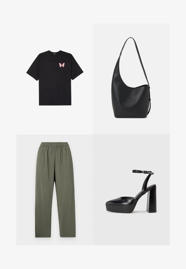 Tricou negru din bumbac cu mâneci scurte, având pe partea stângă a pieptului un mic grafic cu un fluture roz. Design cu guler rotund și croială lejeră.; Pantaloni largi, verzi, ușori, cu talie elastică și textură netedă. Fără buzunare sau embellishments.; Pantofi cu toc platformă negri, cu vârful ascuțit și curea reglabilă la gleznă. Confecționați din piele netedă, având un toc gros.; Geantă hobo din piele neagră, cu o textură netedă, formă curbată și un singur bretele ajustabil; are o deschidere largă în partea de sus.