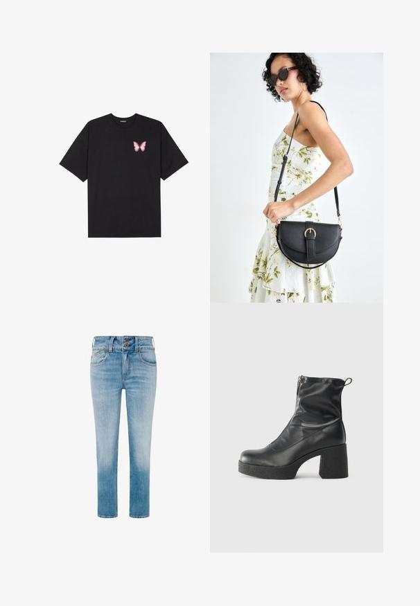 Crna pamučna majica s kratkim rukavima, s malim grafičkim prikazom ružičaste vjetricaste s desne strane na prsima. Dizajn s okruglim izrezom i opuštenim krojem.; Svijetloplave traperice s suženim nogavicama, dva dugmeta u struku i klasičnim pet džepnim stilom. Smanjeni tonovi pri rubu.; Crne gležnjače od glatke kože, s bočnim zatvaračem, debelim teksturiranim potplatom i dizajnom s zaobljenim prstima.; Crna kožna torba s lukovitim oblikom, odvojivim remenom i zlatnim detaljima. Torba ima preklop s kopčom.