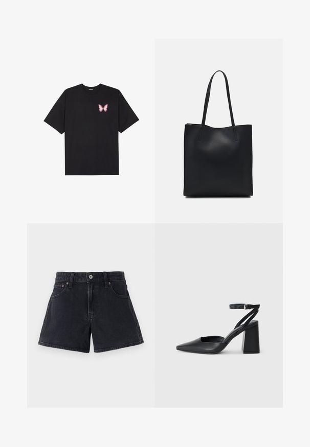 Zwarte katoenen t-shirt met korte mouwen, voorzien van een kleine roze vlinder graphic op de linkerkant van de borst. Crew neck ontwerp met een relaxte fit.; Zwarte denim shorts met een klassieke snit, vijf zakken, metalen knoopsluiting en ton-sur-ton stiksels. De stof heeft een licht gestructureerde afwerking.; Zwarte leren puntige pump met een enkelbandje en een chunky hak. Vlakke textuur, strakke vormgeving en minimalistische esthetiek.; Zwarte leren handtas met een gladde textuur, rechthoekige vorm en twee lange handvaten. Geen zichtbare hardware of versieringen.