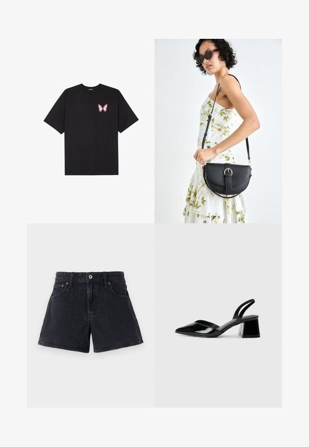 Svart bomulls T-skjorte med korte ermer, med en liten rosa sommerfugl grafikk på venstre bryst. Crew-neck design med en avslappet passform.; Sorte denimshorts med klassisk snitt, fem lommer, metallknappelukking og tonal søm. Stoffet har en lett teksturert finish.; Svarte patentlær slingback hæler med spiss tå og geometrisk blokk hæl. Har et stilrent, minimalistisk design og jevn tekstur.; Svart lærveske med en buet form, avtagbar stropp og gullbeslag. Vesken har et klaff med spenne-detall.