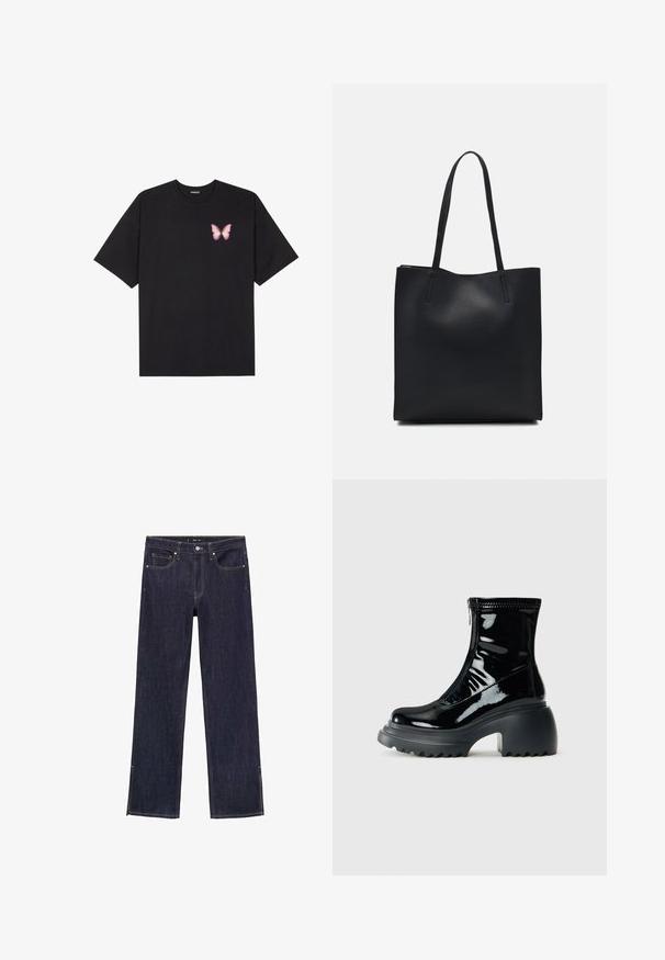 Čierne bavlnené tričko s krátkymi rukávmi, s malým ružovým motýlikom na ľavej hrudi. Design s okrúhlym výstrihom a uvoľneným strihom.; Tmavomodré denimové nohavice so strihom rovného nohu, s piatimi vreckami a kontrastným šitím. Na leme sú bočné rozparky pre pridanie detailu.; Lesklé čierne platformové členkové topánky s okrúhlou špičkou, masívnym podpätkom, zipsovým zapínaním a hrubou rebrovanou podrážkou na bielom pozadí.; Čierna kožená taška na rameno s hladkým povrchom, obdĺžnikovým tvarom a dvoma dlhými uchami. Bez viditeľného kovania alebo ozdôb.