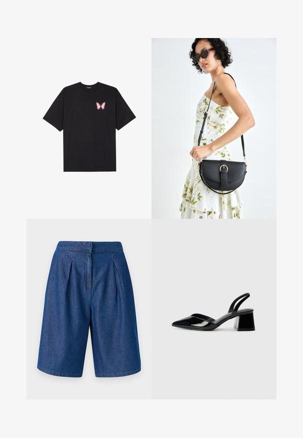 Juodas medvilnės marškinėliai trumpomis rankovėmis, su maža rožine drugelio grafika kairėje krūtinės pusėje. Apvalus kaklo iškirpimas, laisvas kirpimas.; Tamsiai mėlyni džinsiniai šortai su klostuotu dizainu, turintys juosmenį, tiesų kirpimą ir apdorotus kraštus. Lygus paviršius, laisvas siluetas.; Juodos lakuotos odinės šlepetės su smailiu pirštu ir geometriniu bloko kulnu. Turi elegantišką, minimalistinį dizainą ir lygų paviršių.; Juodas odinis krepšys su išlenkta forma, nuimamu dirželiu ir auksiniais detalėmis. Krepšys turi kilpą su sagtimi.