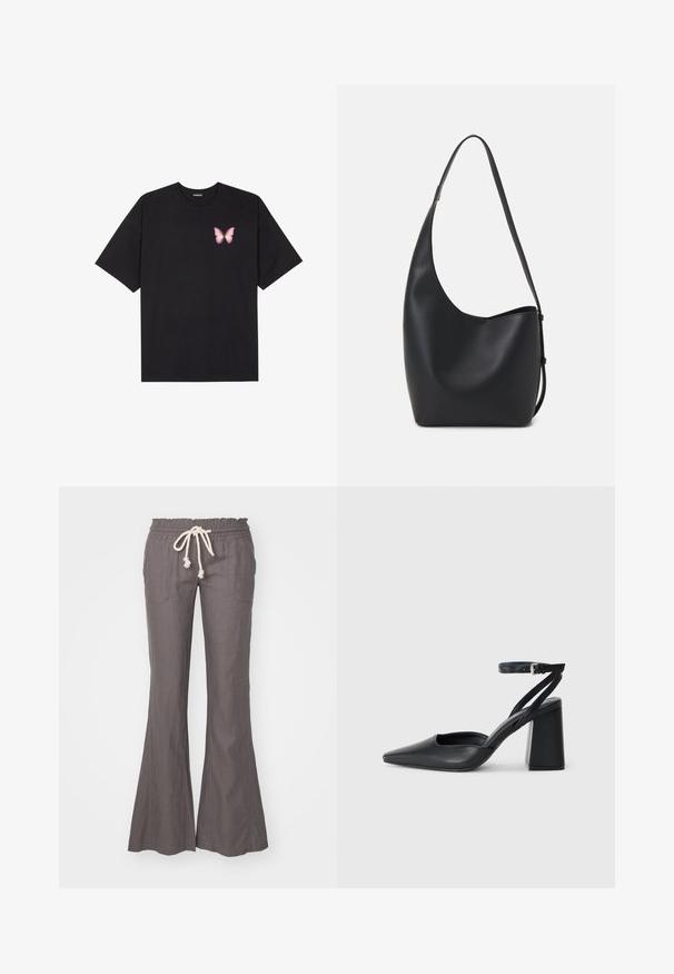 Czarny bawełniany t-shirt z krótkim rękawem, z małym różowym motylkiem na lewej piersi. Klasyczny dekolt z luźnym fasonem.; Rozszerzane, szare lniane spodnie z elastycznym pasem i sznurkiem. Posiadają dwie przednie kieszenie oraz gładką fakturę na całej powierzchni.; Czarne skórzane czółenka z ostrym noskiem, z paskiem na kostce i grubym obcasem. Gładka faktura, elegancki design i minimalistyczna estetyka.; Czarna skórzana torba hobo o gładkiej fakturze, zaokrąglonym kształcie i pojedynczym, regulowanym pasku; posiada szerokie otwarcie na górze.